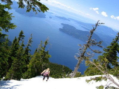 Climbing steep snowy slopes at Mt. Harvey, near Squamish, BC