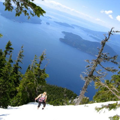 Climbing steep snowy slopes at Mt. Harvey, near Squamish, BC